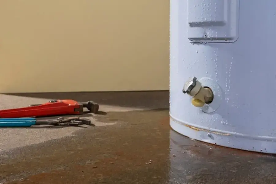 Water pooled on the floor at the base of a water heater with a pipe wrench beside it